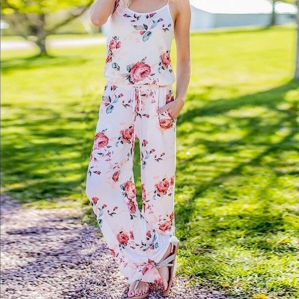 Floral Tank Wide Leg Super Soft Cotton Lightweight Jumpsuit Size XL - Picture 1 of 3